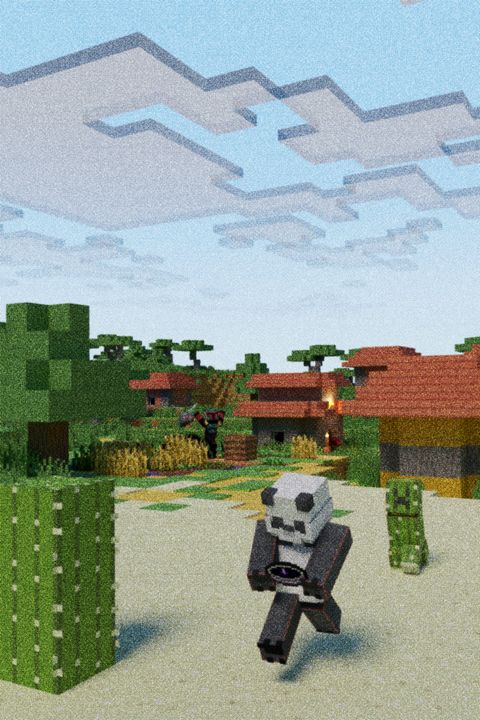 Minecraft village in savanna during day. Player with panda avatar holds a purple compass, followed by cactus-like Creeper. Background shows Boba Fett avatar being chased by mosquito.