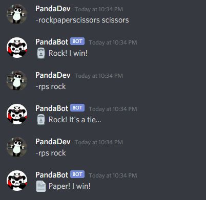 Screenshot of Discord. PandaDev, today at 10:34 PM: '-rockpaperscissors scissors'. PandaBot: 'Moyai emoji. Rock! I win!'. PandaDev: '-rps rock'. PandaBot: 'Moyai emoji. Rock! it's a tie...'. PandaDev: '-rps rock'. PandaBot: 'Page facing up emoji. Paper! I win!'