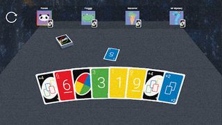 UNE gameplay. Draw and discard piles in center of table. 8 cards at bottom show player's hand. Clockwise arrow indicates direction of play. Poorly-drawn panda, frog, carrot, and question mark icons under usernames 'Panda', 'Froggy', 'Kacarrot', 'Mr Mystery' respectively. Number under icon shows card count, 8 each. Rainbow border on panda's icon indicates their turn.