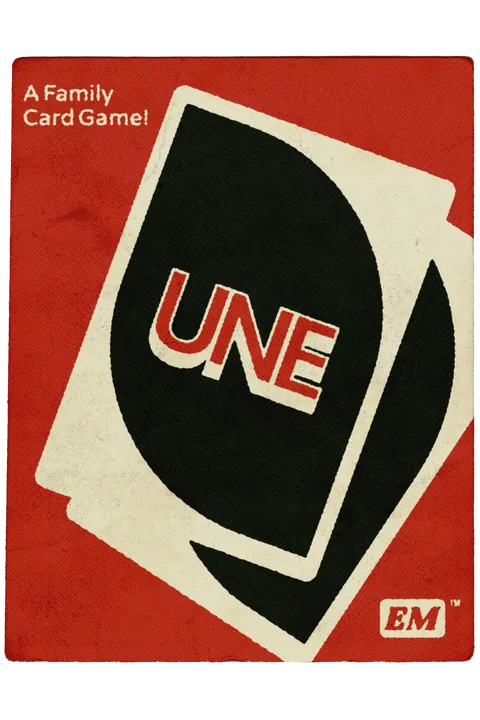 Vintage poster of UNE card game, parody of UNO. Shows back of card with UNE logo, similar to UNO.'A Family Card Game!' text on top right. 'EM' initials on bottom right logo.